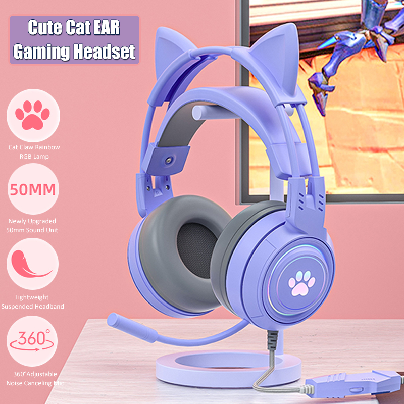 Gaming Headset Rgb - 귀여운 고양이 귀 게임용 헤드폰, 마이크
